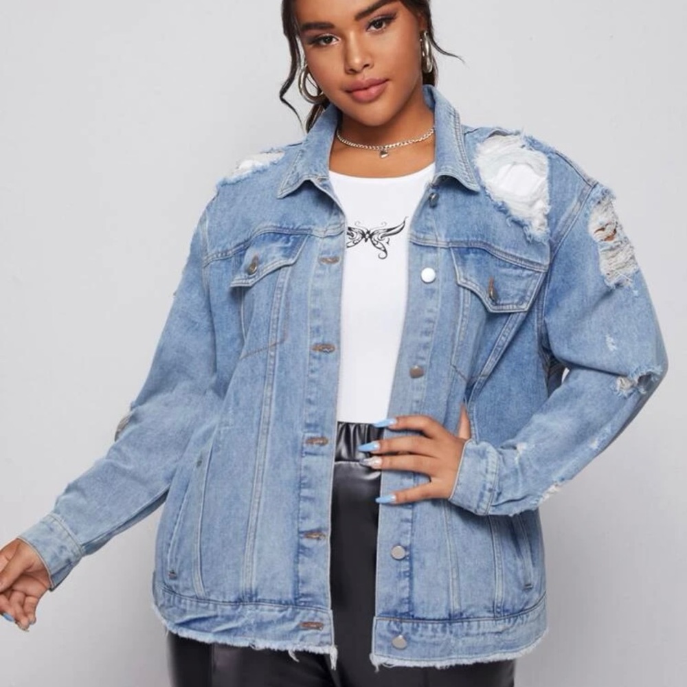 Plus Light Wash Distressed Denim Jacket. Size 1XL. New